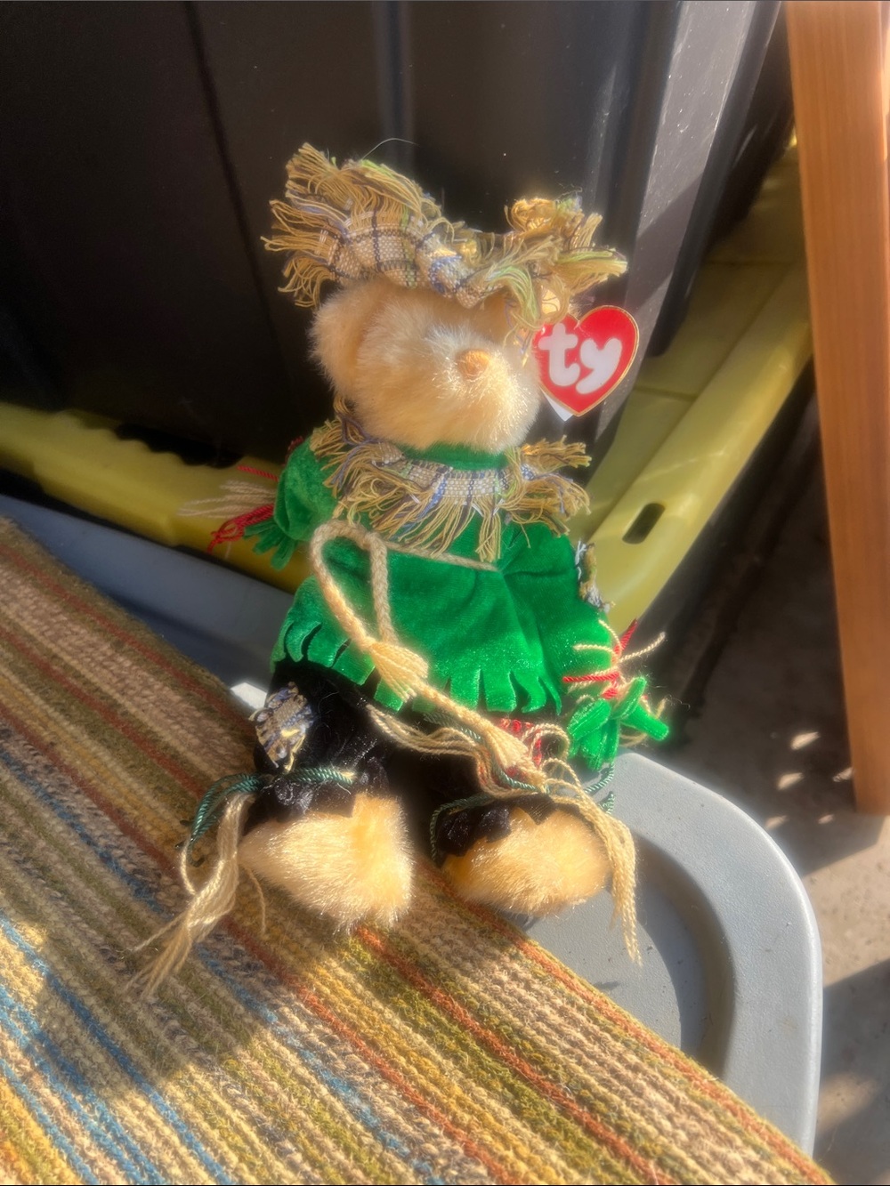 Vintage Ty Plush Scarecrow Bear in Green Outfit with Plaid Hat